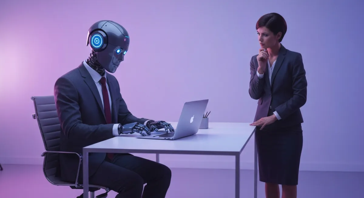 AI robot in business attire being supervised at office desk